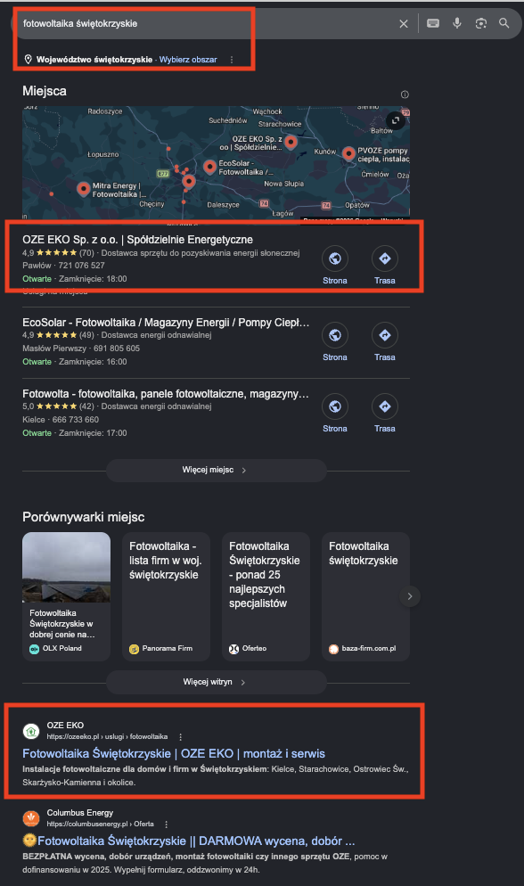 OZE EKO na pierwszym miejscu w mapkach Google na frazę fotowoltaika świętokrzyskie