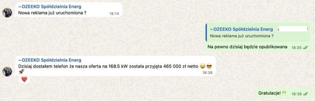 Wiadomość od OZE EKO: oferta na 168,5 kW przyjęta za 465 000 zł netto