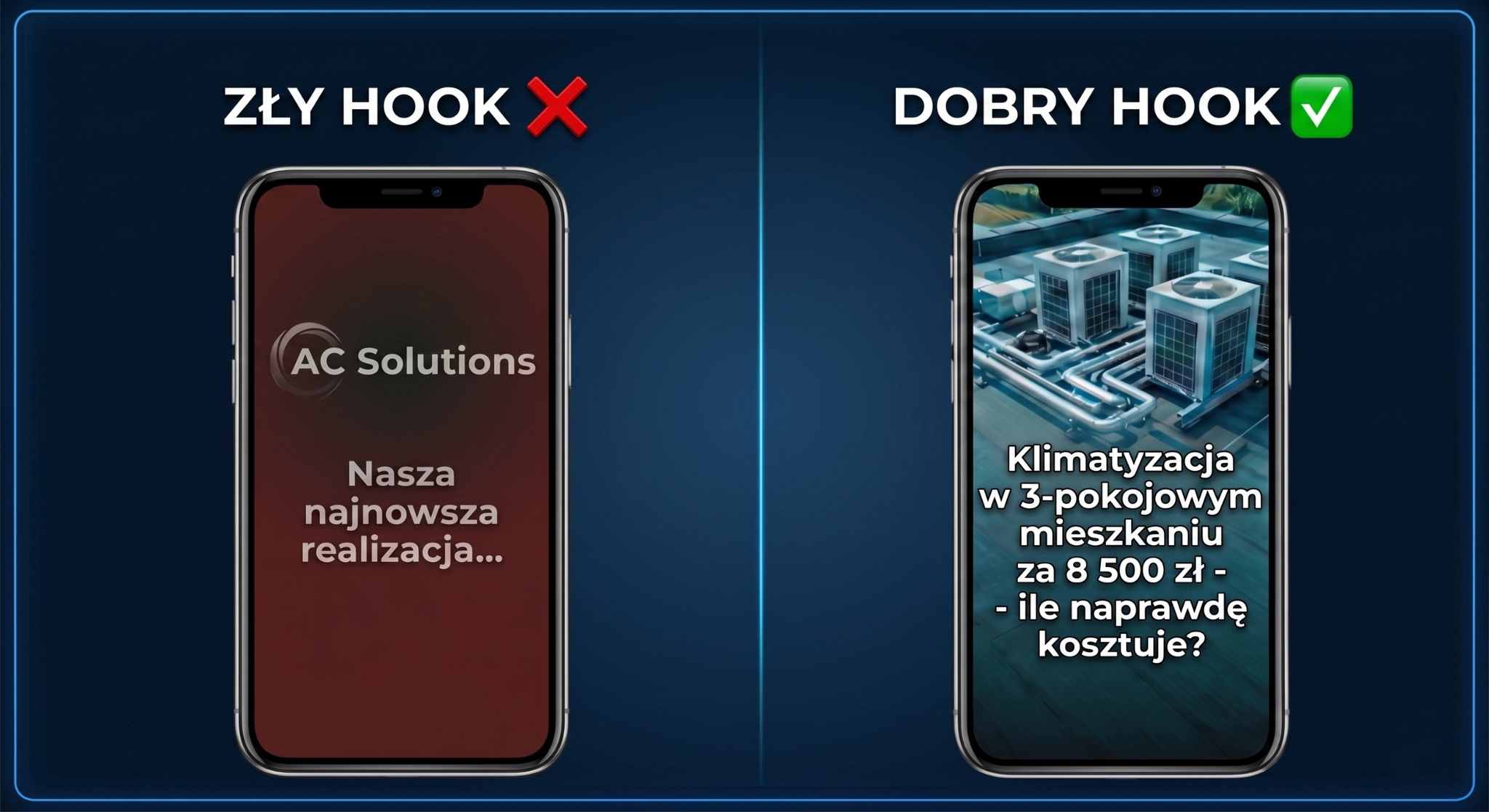 Porównanie złego i dobrego hooka w mockupie telefonu