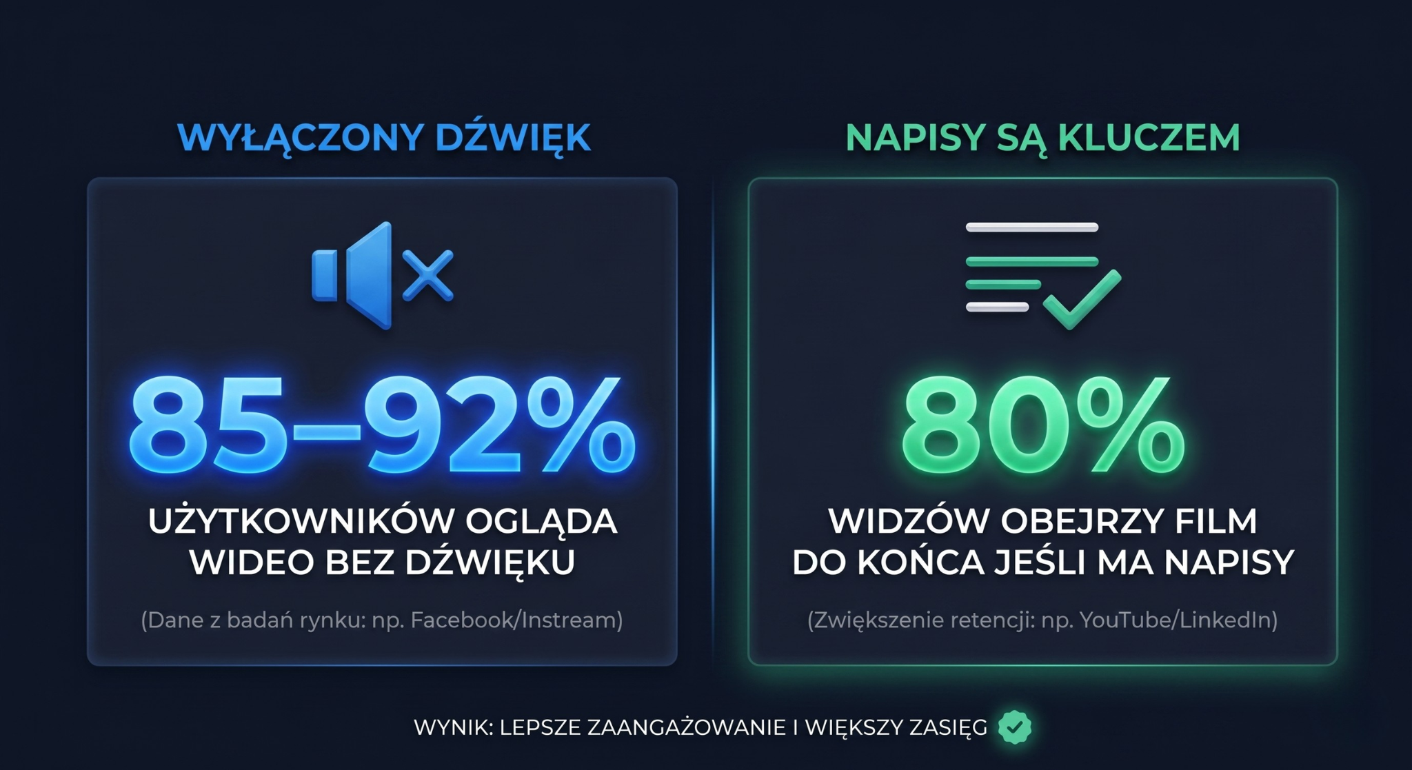 Statystyki: 85-92% użytkowników ogląda wideo bez dźwięku, 80% obejrzy do końca jeśli ma napisy