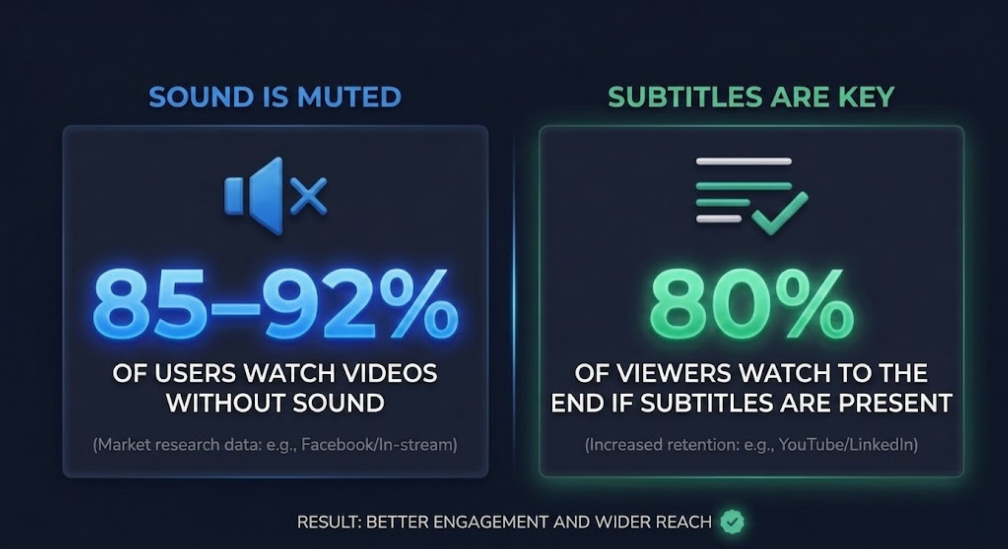 Stats: 85-92% watch videos on mute, 80% will watch to the end with subtitles